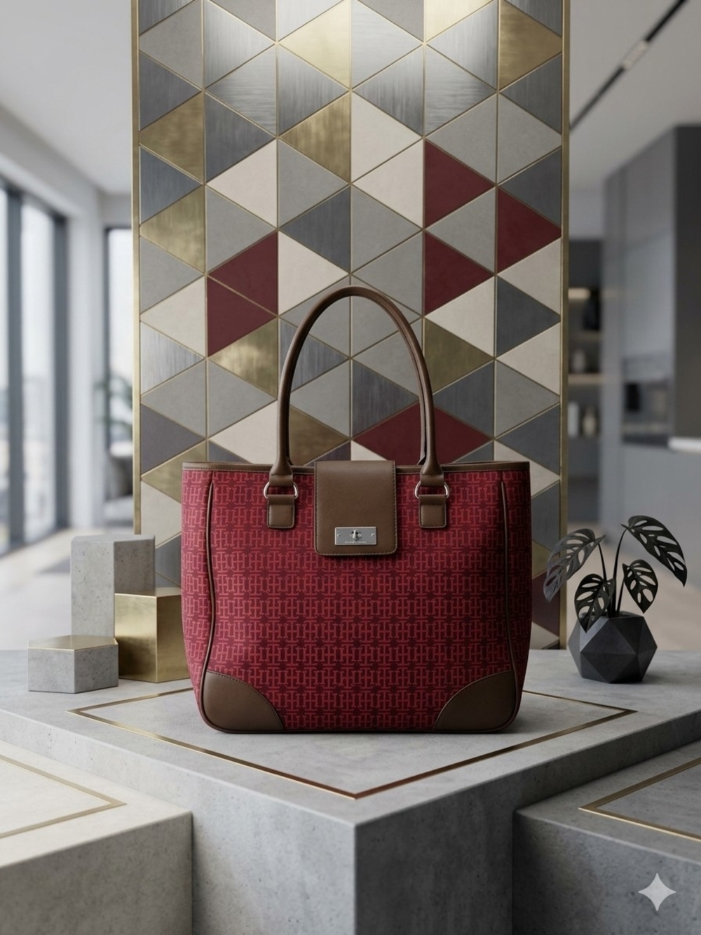 Tommy Hilfiger Burgundy Tote with Brown Trim